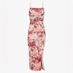 Express Body Contour ruched floral midi dress.